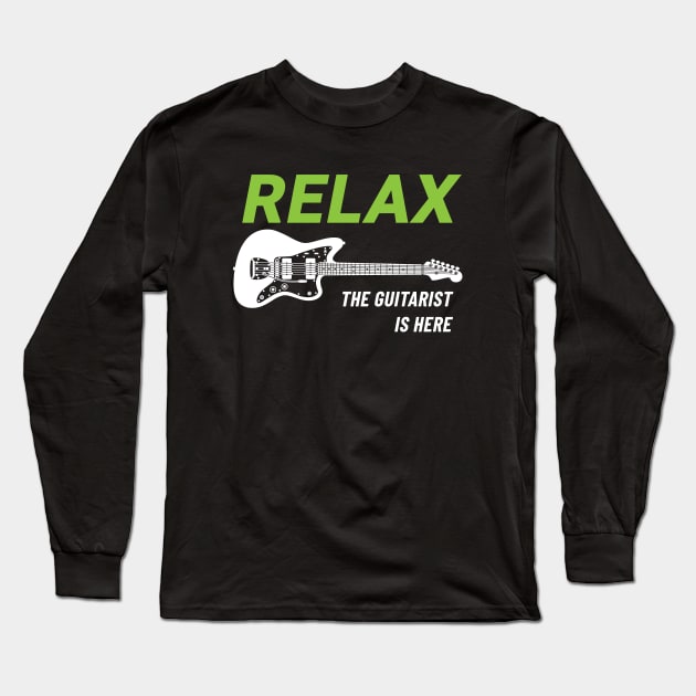 Relax The Guitarist Is Here Offset Style Electric Guitar Dark Theme Long Sleeve T-Shirt by nightsworthy